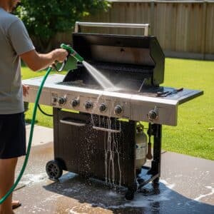 A person using his hose to clean his grill