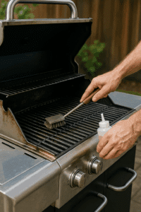 a person trying to maintain his grill