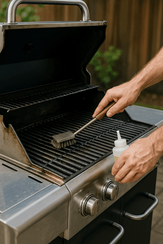 a person trying to maintain his grill